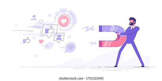 Man attracting likes signs, comments and followers with a huge magnet. Social media marketing concept. Modern vector illustration.