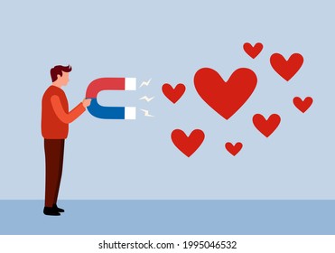 Man attracting the red heart in flat design. Magnetic love.