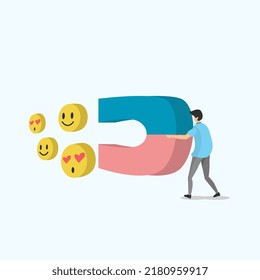 man attracts emoticons with magnets. Popularity on social networks. Influencers. Social media marketing concept. The person holding the magnet drags like a sign. Vector illustration, flat style.