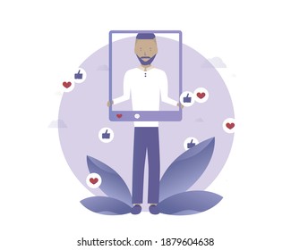 Man attracts likes to new social media post. Vector illustration with  for telework, remote working and freelancing concept, business, start up