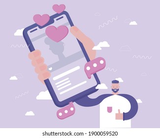 Man attracts likes to new social media post. Vector illustration with  for telework, remote working and freelancing concept, business, start up

