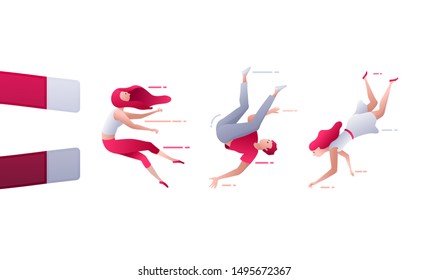 A man attracts people with a big magnet. Vector concept illustration.