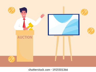 Man Auctioneer with Gavel. Sales in Art Gallery. People Buyers Bargain for Picture. Vector Flat Illustration