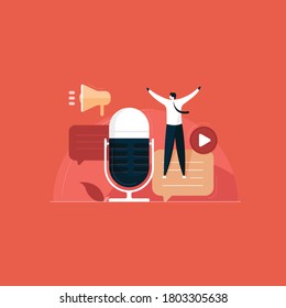 man with audio device for podcast content advertisement