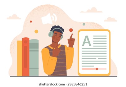 Man with audiobook. Young guy with electronic tablet with books. Education and training. Student with textbook or fiction. Character listen podcast. Cartoon flat vector illustration