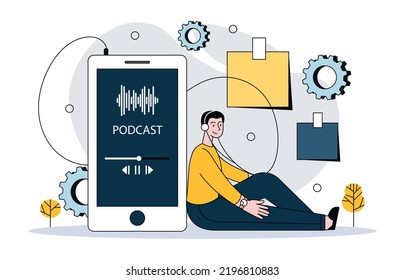 Man with audiobook. Young guy sitting next to big smartphone. Education and self development, love of literature. Useful hobbies and recreation. Gadget and device. Cartoon flat vector illustration