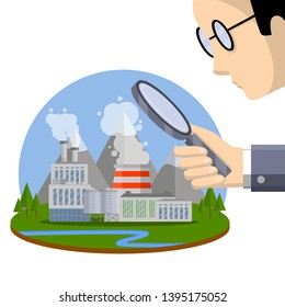 Man auditor in glasses with a magnifying glass checks the industrial plant. Cartoon flat illustration. Search and inspection of the power plant.