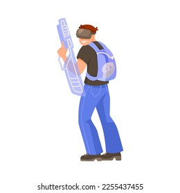 Man in Augmented Reality Glasses with Futuristic Weapon Vector Illustration