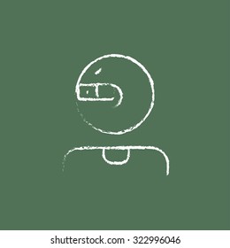 Man in augmented reality glasses hand drawn in chalk on a blackboard vector white icon isolated on a green background.