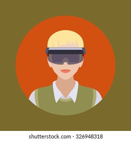 Man in the augmented reality glasses. Round icon. Flat design
