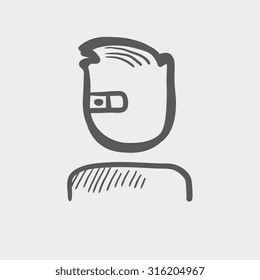 Man in augmented reality glasses sketch icon for web, mobile and infographics. Hand drawn vector dark grey icon isolated on light grey background.