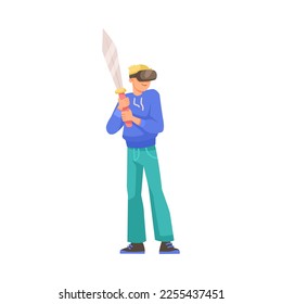 Man in Augmented Reality Glasses with Sword Vector Illustration