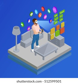 Hombre en gafas inteligentes de la realidad aumentada con la Ilustración vectorial del cartel del hogar isométrico del aprendizaje de la lengua extranjera  