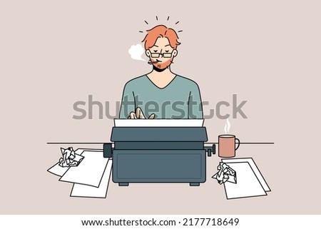 Man author typing on retro typewriter smoking cigarette. Concentrated typewriter working on vintage machine. Creative process concept. Vector illustration. 