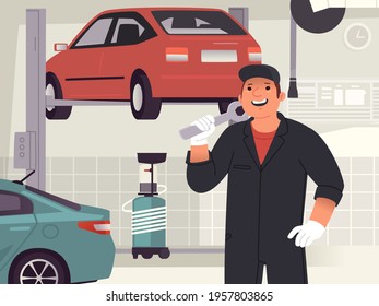 Man auto mechanic in front of a car service or auto repair shop. Character of a smiling guy with a wrench. Vector illustration in flat style