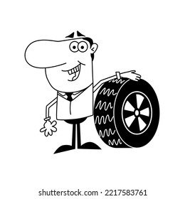 Man auto mechanic holds the wheel. Vector drawing on a white isolated background. Illustration in flat, cartoon style.
