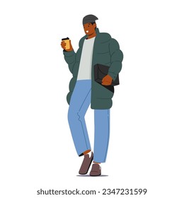 Man In Autumn Attire Holds A Coffee Cup And Carries A Bag. Male Character Exuding A Cozy And Stylish Vibe With His Warm Sweater, Down Jacket, And Comfortable Boots. Cartoon People Vector Illustration