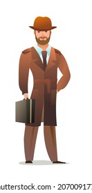 Man in an autumn cloak. Guy in warm clothes for rain. Cheerful person. Standing pose. Cartoon comic style flat design. Single character. Illustration isolated on white background. Vector