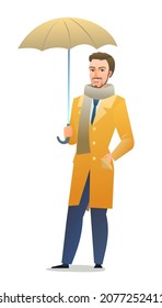 Man in an autumn cloak. Guy in warm clothes for rain. Cheerful person. Standing pose. Cartoon comic style flat design. Single character. Illustration isolated on white background. Vector.
