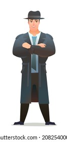 Man in an autumn cloak. Guy in warm clothes for rain. Cheerful person. Standing pose. Cartoon comic style flat design. Single character. Illustration isolated on white background. Vector.