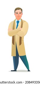 Hombre con un manto de otoño. El tipo con ropa abrigada para la lluvia. Persona alegre. pose. Diseño plano de historietas de dibujos animados. Un solo carácter. Ilustración aislada sobre fondo blanco. Vector.