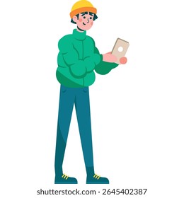 homem em roupas de outono com tablet móvel ícone vetor isolado no branco