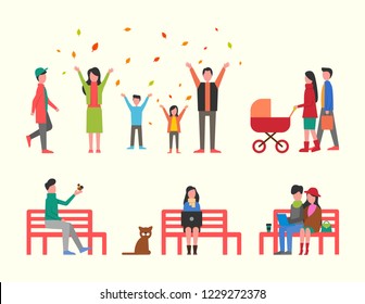 Man in autumn park, mother and father with pram vector. Couple working with laptop, freelancers relaxing together. People playing with leaves foliage
