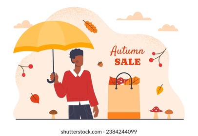 Man with autumn sale concept. Young guy with umbrella near package with mushrooms and leaves. Special limited offer. Electronic commerce, advertising and marketing. Cartoon flat vector illustration