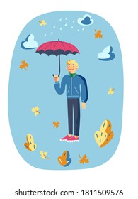 Man in autumn under umbrella. Cute doodle of boy in city scene. Happy guy walking, sky with clouds and rain, leafs flying in fall. Active leisure in nature vector illustration.