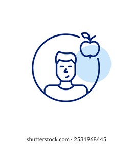 Mann Avatar und Apfel. Gesundheits- und Fitness-Tracker App. Ernährung und Wellness. Pixel perfekt, bearbeitbares Strichsymbol