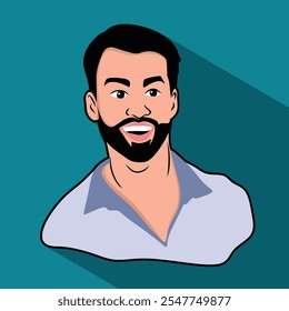 man avatar with beard vector illustration portrait or vector face cartoon with black hair gray color shirt with Caribbean blue color background 