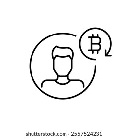 Man avatar and bitcoin in renew arrow. Crypto wallet user, synchronization and automation. Pixel perfect, editable stroke icon