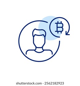 Man avatar and bitcoin in renew arrow. Crypto wallet user, synchronization and automation. Pixel perfect vector icon