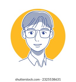 Man avatar in blue line cartoon drawing with yellow circle background