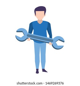 man avatar body faceless male adult holding wrench support cartoon vector illustration graphic design