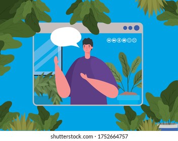 Man avatar with bubble on website in video chat design, Call online conference and webcam theme Vector illustration