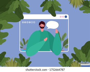 Man avatar with bubble on website in video chat design, Call online conference and webcam theme Vector illustration