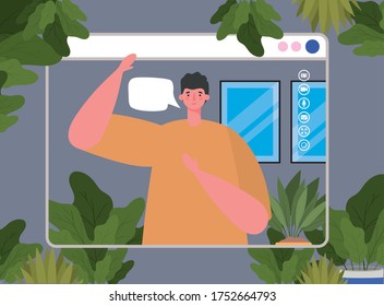 Man avatar with bubble on website in video chat design, Call online conference and webcam theme Vector illustration