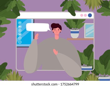 Man avatar with bubble on website in video chat design, Call online conference and webcam theme Vector illustration