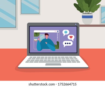 Man avatar with bubbles on laptop in video chat design, Call online conference and webcam theme Vector illustration