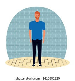 man avatar cartoon character with fashion casual clothes standing on wooden floor over bricks wall vector illustration graphic design