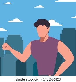 man avatar character cityscape background