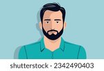 Man avatar character - Vector illustration of regular middle aged male person, upper body and face with beard and green casual shirt