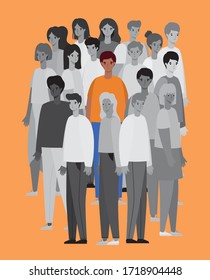 Man avatar in color between black and white people group design of Covid 19 virus theme