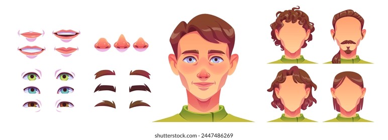 Kit de construcción de avatar de hombre con diferentes cortes de pelo y emociones de labios, Formas de nariz, ojos y cejas. Conjunto de creación de cara personalizada. Colección de Ilustración vectorial de dibujos animados para generador de cabeza de personaje masculino.