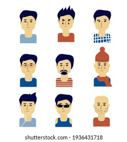 Man avatar with different emotions and in different situations and outfits. Vector graphic illustration