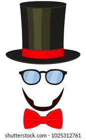 Man avatar element set tall hat glasses beard, bow tie. Hipster vector illustration for gift card certificate sticker badge stamp logo, label.