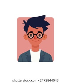 man, avatar, face, black hair, smiling, light pink background, glasses, sun, beach, vector, glass, lens, beachwear, prescription glasses, safety glasses, safety PPE, individual protective PPE, collect