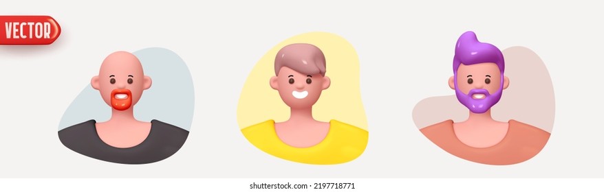 Man Avatar Face with smile. Icon user person. Close-up faces of Man and boy with beard. Set of People happy joyful. Realistic 3d design in cartoon style. vector illustration