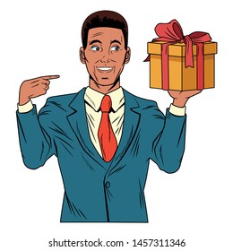man avatar with gift box afro american wearing suit profile. picture cartoon character portrait vector illustration.